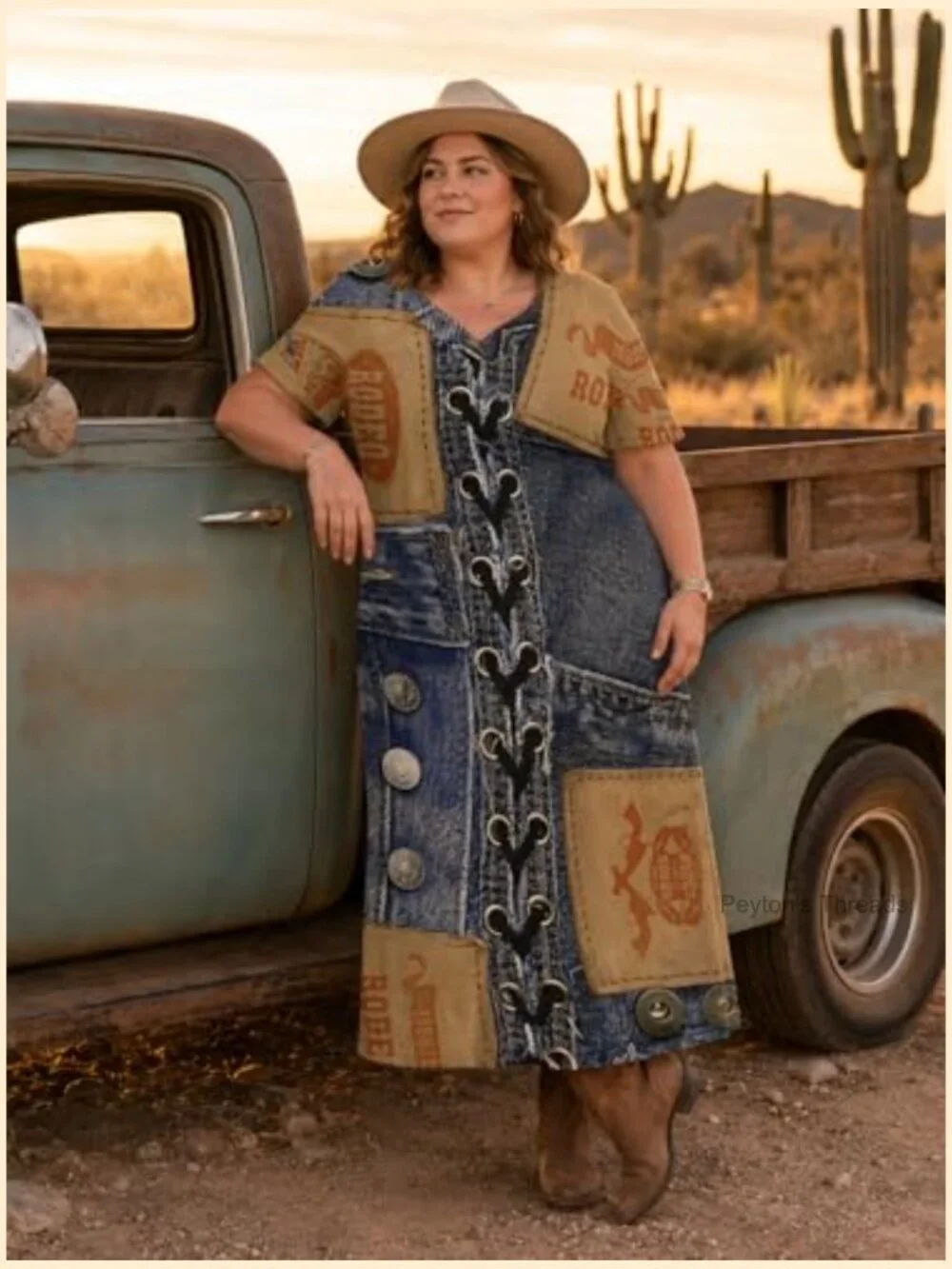 Plus Size Denim Print Maxi Dress V Neck Short Sleeve with Pockets - Picture 7 of 7